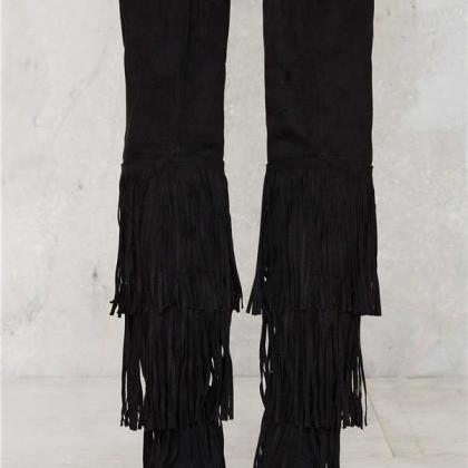 Black Tassel Faux Suede Over-the-knee Pointed Toe..