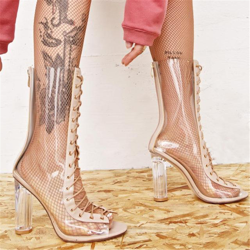 Women sexy clear transparent calf-high boots PU material back zip open toe front lace up high heels sheepskin insole