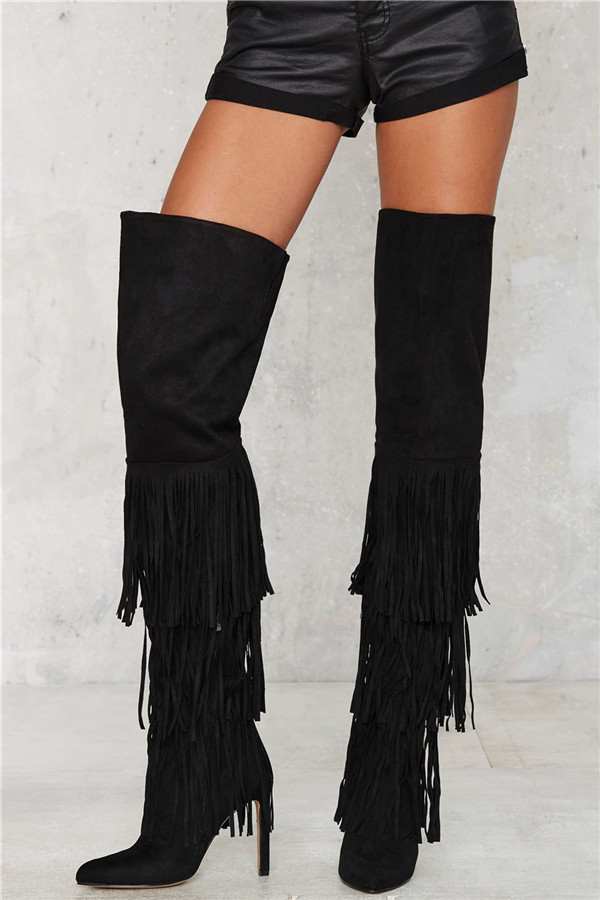 Black Tassel Faux Suede Over-the-knee Pointed Toe High Heel Boots