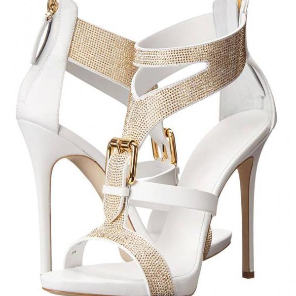 ZKshoes summer women's new fashion sexy high heels white Rhinestone zip sandals size 35---46